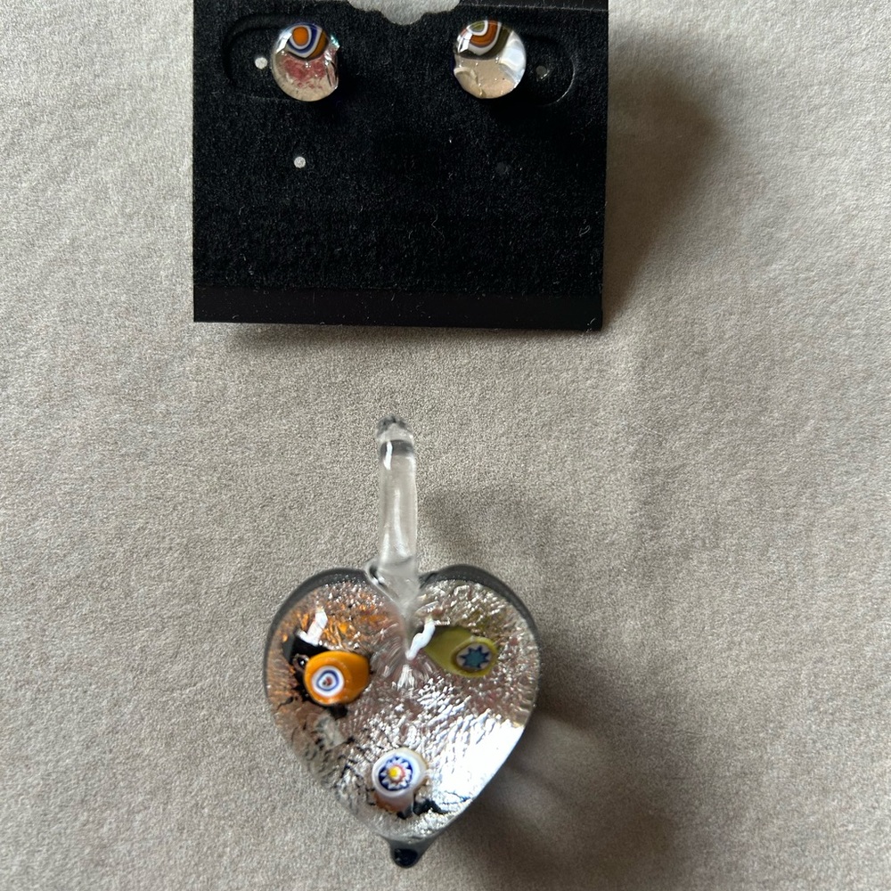 Venetian Murano Glass Heart Pendant with Earrings